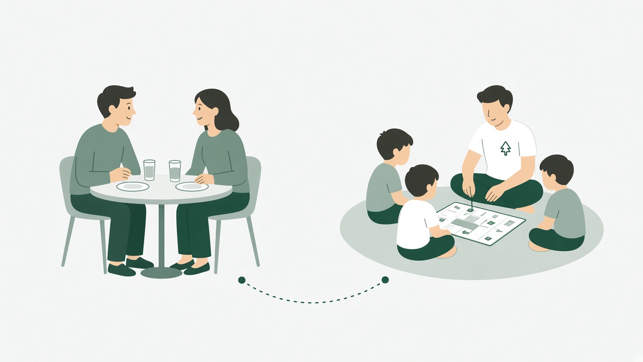 Parents enjoying their meal while children play nearby with a SASNA Host